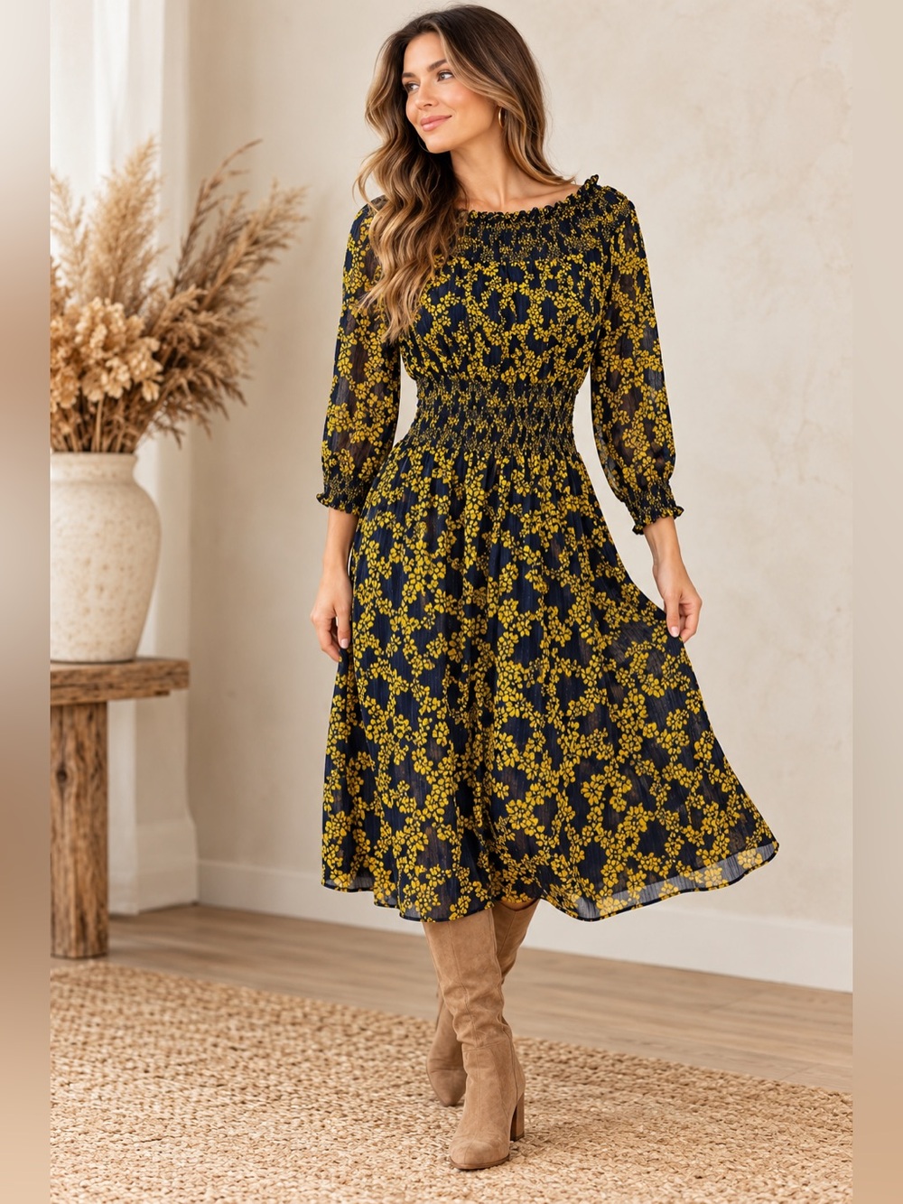 Michael Kors Floral Smocked Midi Dress Medium Navy Mustard Metallic Boho
